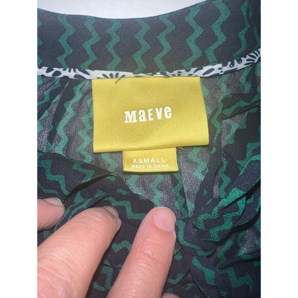 Maeve ANTHROPOLOGIE Shirt Size XS Green Navy Della Sheer Chevron Tie Neck Sleeve - Picture 7 of 16